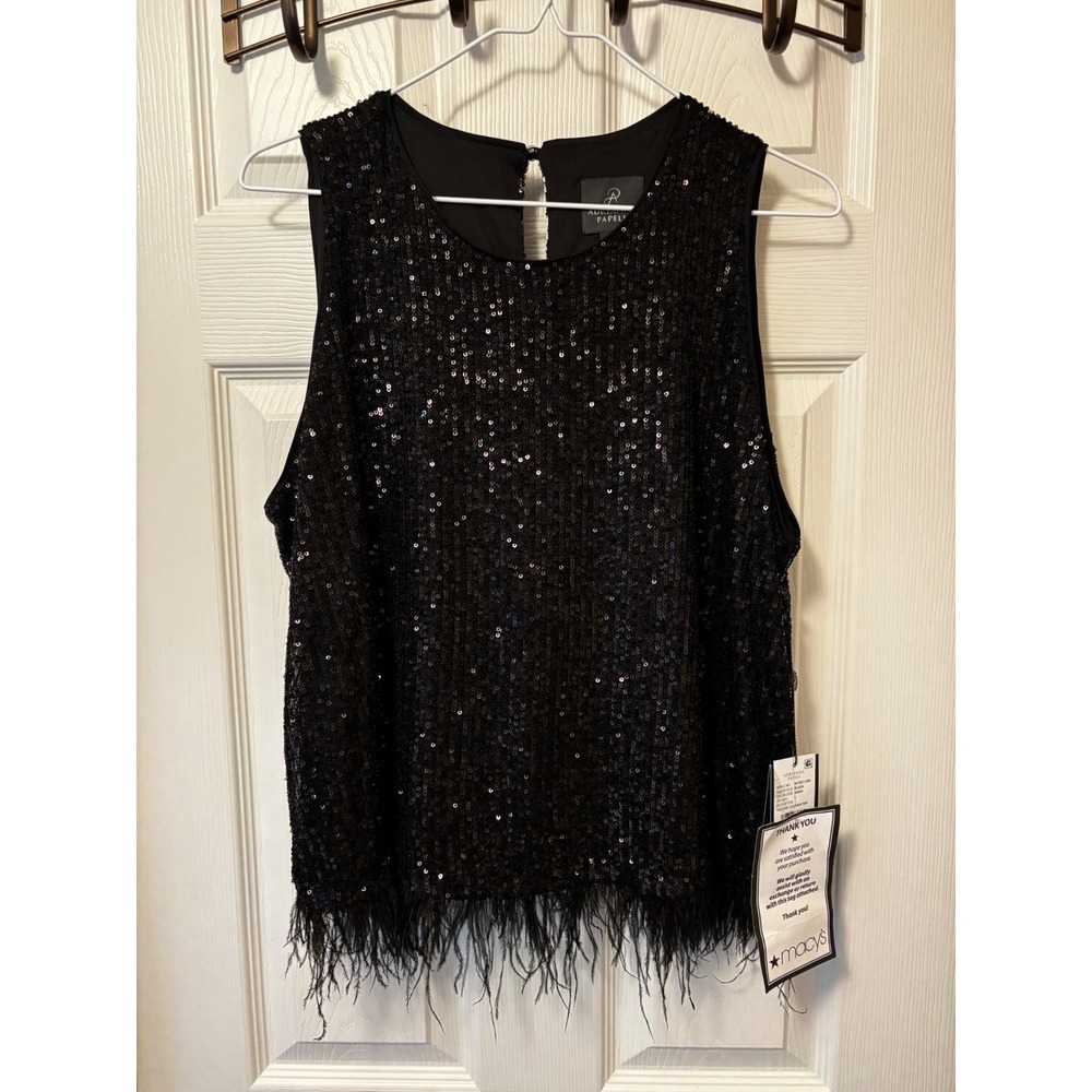Adrianna Papell Black Sequin Feather Trim Sleeveless Top L AP1E211261 NEW